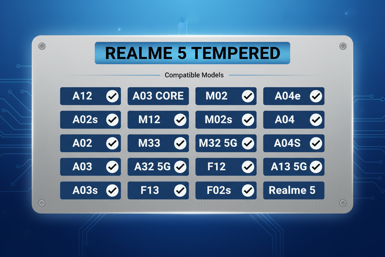  A12/ A02s / A02 / A03 / A03s / A03 CORE/ M12/ M33/ A32 5G/ F13/ M02 / M02s / M32 5G / F12/ F02s / A04e / A04 / A04S/ A13 5G. there are 20 different mobile models. make a chat without miss any model with REALME 5 TEMPERED big heading.