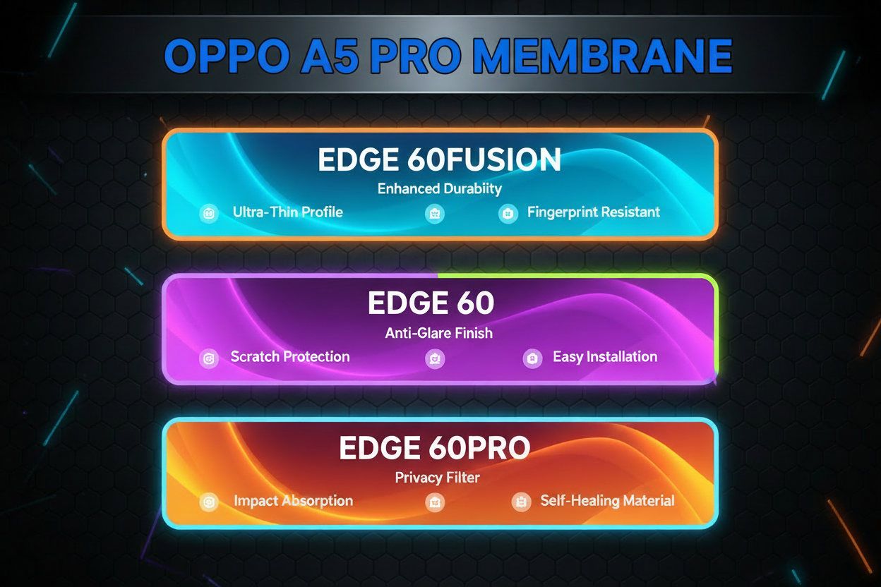act like expert to generating chart.
 
i need a colorful chart with big heading OPPO A5 PRO MEMBRANE.
 
there are there model will be in this chart.

EDGE 60FUSION
EDGE 60
EDGE 60PRO