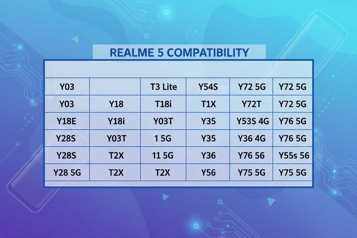 Y03/ Y18/ Y18E/ Y28S/ Y28 5G/ T3 Lite/ Y18i/ Y03T/ T1 5G/ T2X/ Y54S/ T1X 4G/ Y35/ Y36 4G/ / Y56/ Y52 5G/ Y52S/ Y53S 4G/ Y76 5G / Y55s 5G/ Y72 5G/ Y72T/ Y74S/ Y76S/ Y75 5G.     make chart from this text with background image with REALME 5 compatibility big heading.